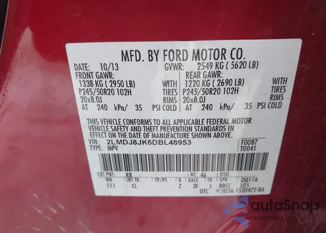 2013 Lincoln Mkx z USA, uszkodzony, nr VIN 2LMDJ8JK6DBL48953